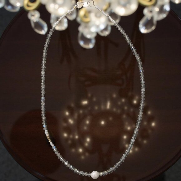 Dainty Labradorite & Pearl Necklace • 18K GF Accents • Sterling Heart Clasp - Picture 1 of 12